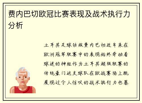 费内巴切欧冠比赛表现及战术执行力分析